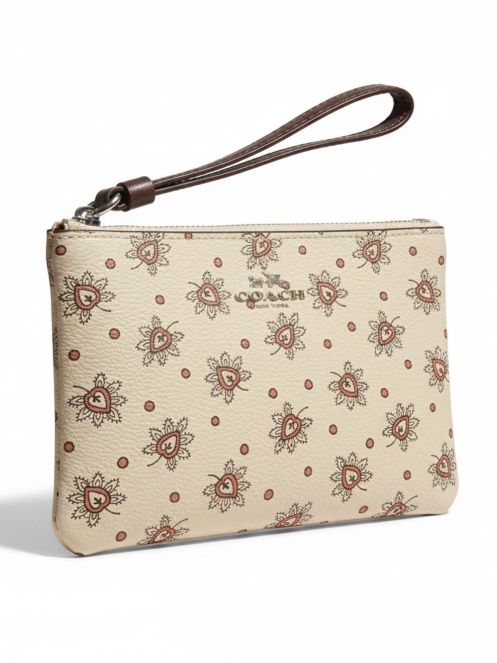 Coach Cream Floral Heart Bud Print Wristlet with Brown Strap
